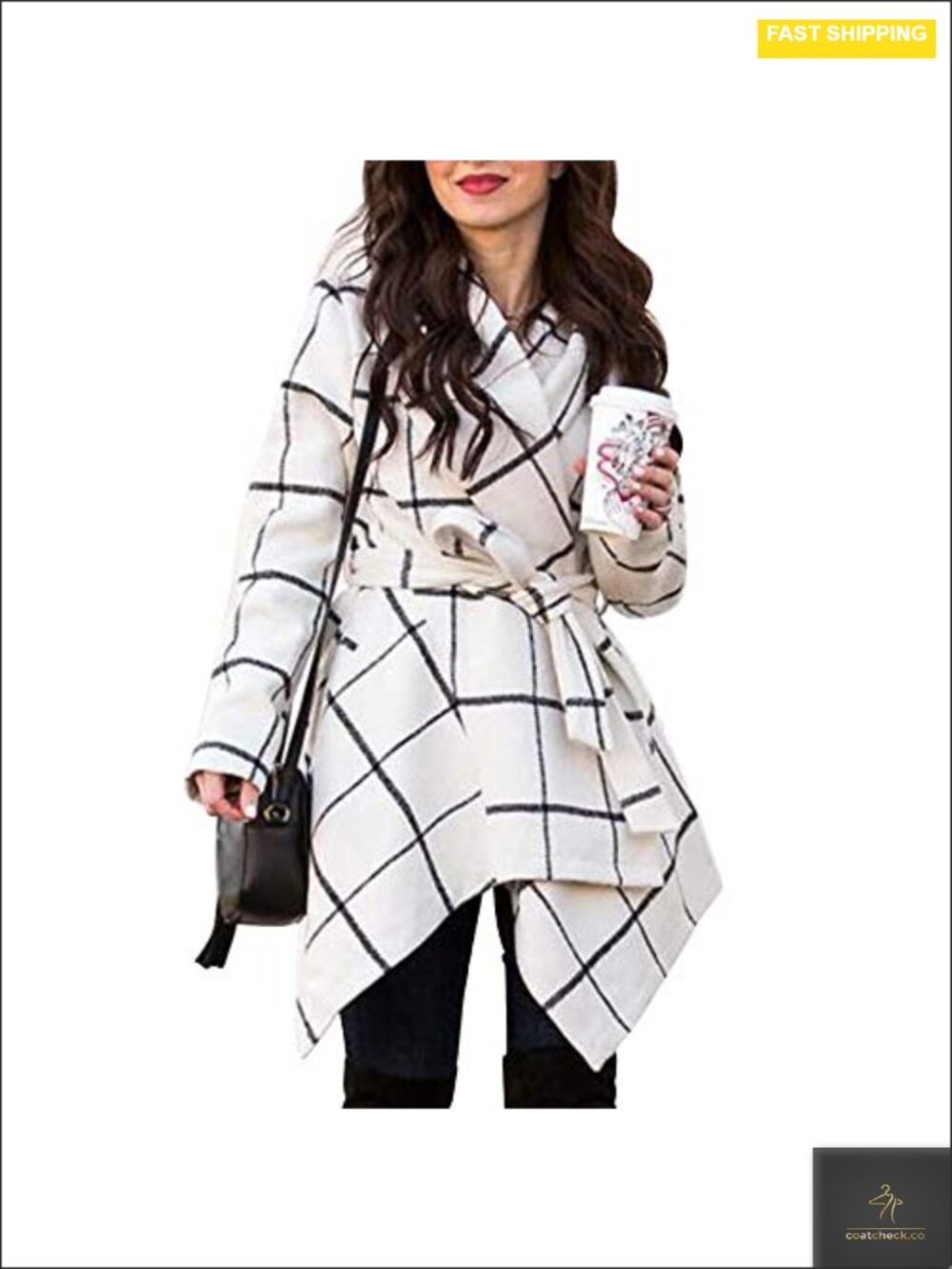 Wool Blend Checkered Pea Coat with Shawl Collar, Removable Belt, Asymmetric Hem